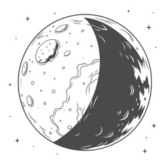 Stylized illustration of a crescent moon with craters and stars in a simple line art style