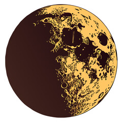 Stylized illustration of the moon with visible craters and a dark shadowed hemisphere against a white background