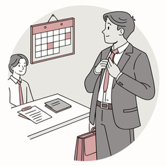 Professional man adjusting his tie while holding a briefcase with a colleague at a desk and a calendar in the background