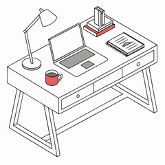 Minimalist isometric line art illustration of a modern desk with a laptop lamp coffee cup books and notebook