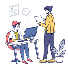 Two colleagues collaborating in an office environment with one person working on a computer and the other reviewing documents