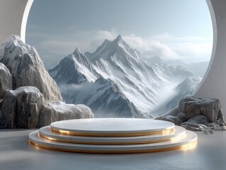 Luxury Minimalist Landscape Product Display with Geometric Snow Mountains and Gold Accent Platform