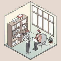 Two businesswomen in an office discussing work while one sits with a laptop and the other stands near a bookshelf