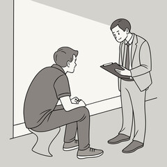 A man in a suit holding a clipboard talks to another man sitting down in a casual outfit