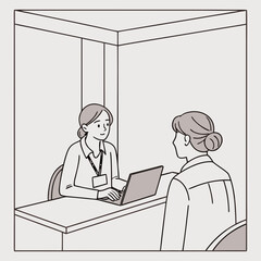 Two women interacting at a desk with a laptop in a simple line drawing style illustration