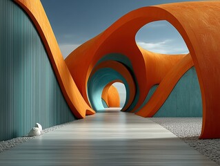 Futuristic Fashion Space 3D Render with Curved Orange Structures and Teal Striped Panels