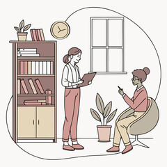 Two women in a room one standing with a clipboard and the other sitting in a chair discussing something