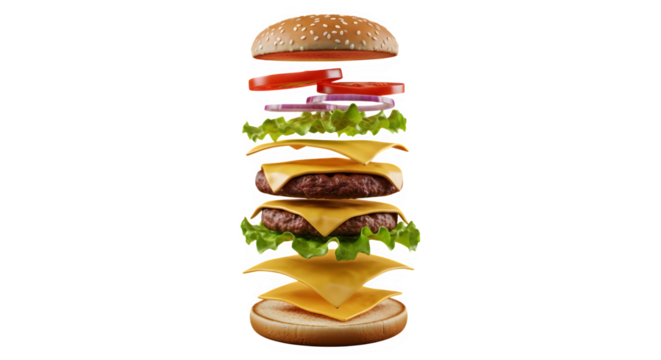 Exploded view of a delicious burger with floating ingredients isolated on transparent background