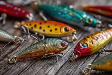 Vibrant Assortment of Colorful Fishing Lures on Rustic Wood