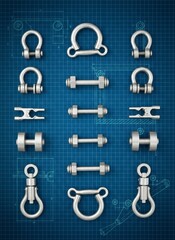 Assorted metal hardware including shackles turnbuckles and eye bolts on a blueprint background