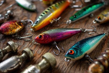 Vibrant Fishing Lures and Tackle on Wooden Background