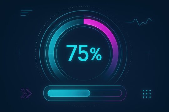 Futuristic data visualization featuring 75 percent completion in a circular progress meter with glowing turquoise and purple accents against a dark background conveying digital sophistication