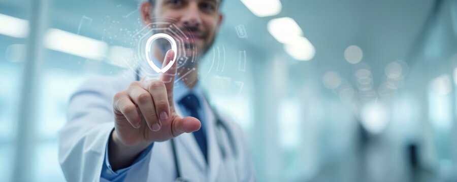 Doctor wearing white coat touch interface. Man presses virtual screen healthcare icon. Modern tech for medical support in hospital. Digital healthcare future tech network.