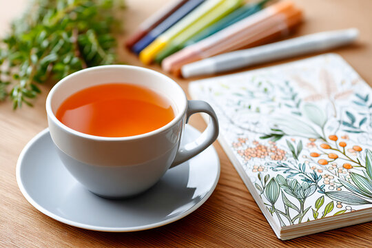 Relaxing tea time with sketchbook and colorful art supplies on wooden table Generative AI