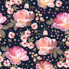 Seamless pattern with flowers. Pink embroidery roses. Floral embroidered design