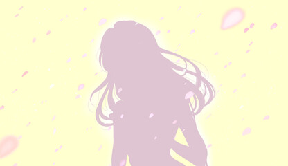 外出する女性　春　桜吹雪　シルエット