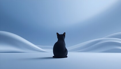 Elegant black cat contemplating peaceful scenery with gentle blue hues and soft lighting