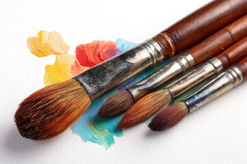 Four paintbrushes with colorful paint splatters