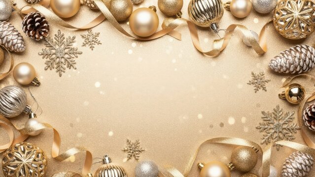 Sparkling golden glitter background with festive christmas ornaments, baubles, pinecones, ribbons, and snowflakes - Powered by Adobe