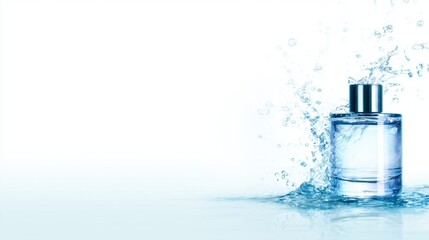 A clear glass perfume bottle splashing into water, creating dynamic droplets against a white background