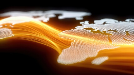 Abstract image of a world map formed by dots, with a flowing, glowing energy stream across it, set against a black background.