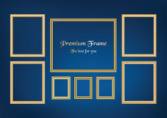 Set of decorative frame picture with gold border, Vector design on blue background with copy space in premium concept.