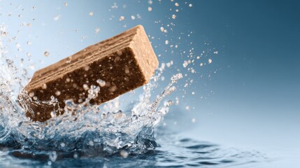 A chocolate bar splashes into clear water, creating ripples and droplets against a blue background