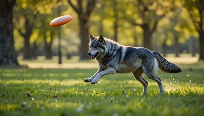 Dynamic wolf leaps joyfully through sunlit park to catch the frisbee on a bright day in spring