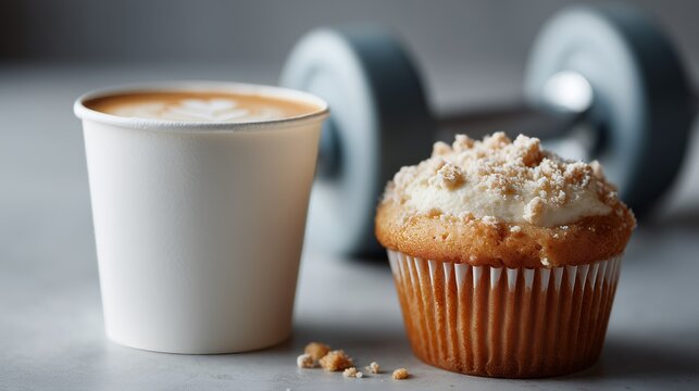 A fresh coffee beside a crumbly cupcake with a nearby dumbbell, blending relaxation and fitness in one scene.