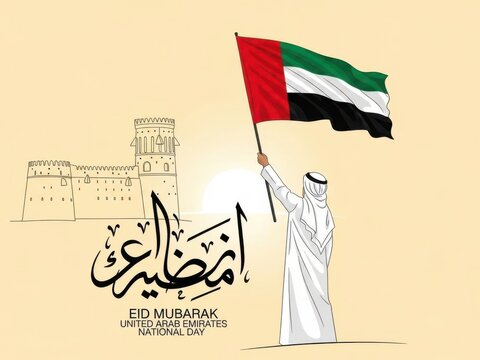 Man in traditional emirati clothing waving the flag of the united arab emirates near a sketch of a fort with eid mubarak calligraphy - Powered by Adobe