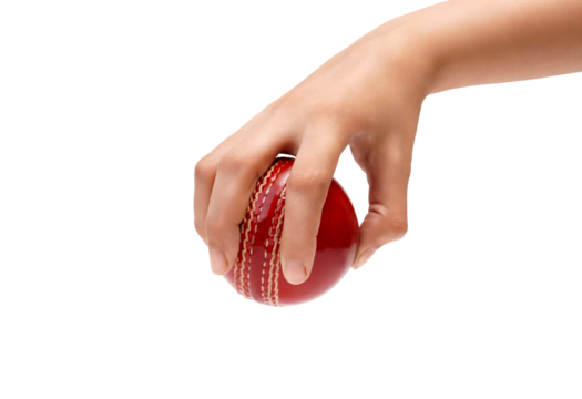 Hand gripping a red cricket ball, ready for action a