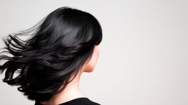 Woman with flowing black hair captured from behind against a minimalist background, showcasing movement and grace