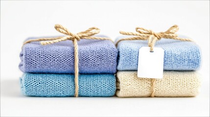 Close-up of two stacks of knitted gifts wrapped with twine and blank tags against a white background. The gifts are in shades of blue and cream.