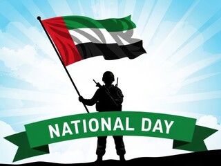 Silhouette of a soldier holding the flag of the united arab emirates with a banner saying national day against a bright sky background for celebration concept