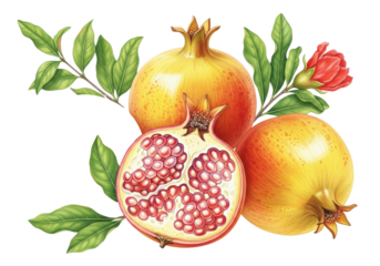 Watercolor illustration of whole yellow pomegranates, one cut half with pale pink arils, green leaves, red bud, isolated on a white background with copy space, concept of natural beauty