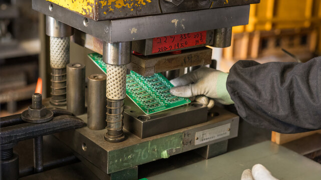 Worker positioning circuit board panel on industrial press mold in a manufacturing workshop - Powered by Adobe