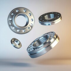 Four metallic threaded flanges with multiple bolt holes floating against a gradient background