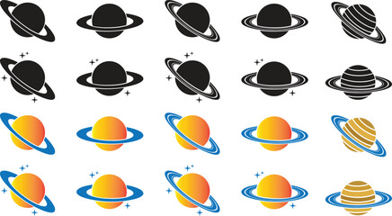 Planet and Saturn icons set, collection and group of space ringed planet symbols, astronomy galaxy elements, flat style, line style gradient vector illustration isolated on transparent background