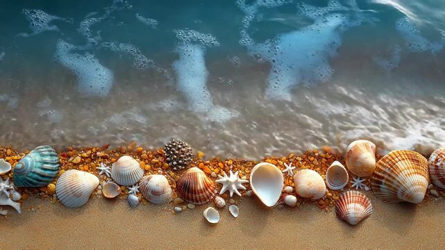 Coastal serenity: seashells on sandy beach with ocean wave