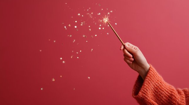 A hand in a cozy sweater holds a lit sparkler, releasing shimmering star-shaped sparkles against a soft red background.