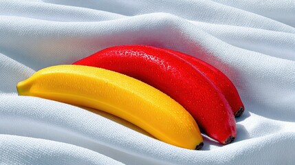 Three bananas, one yellow and two red, are arranged on a white textured fabric. The lighting creates soft shadows and highlights on the fruit and fabric.