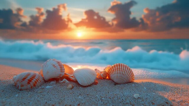 Golden sunset illuminating seashells on sandy ocean shore