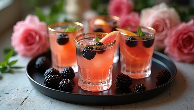 Pink cocktails with blackberries and mint are served on tray with roses. Drinks are garnished with citrus slices and fruit. Ready for party. - Powered by Adobe
