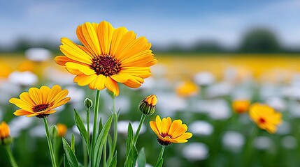 Close-up of vibrant yellow marigold flowers in bloom, with soft bokeh of other flowers and greenery in the background. The scene is illuminated by natural dayli