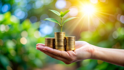 A hand holds stacks of gold coins with a small green plant growing from the top coin bathed in sunlight