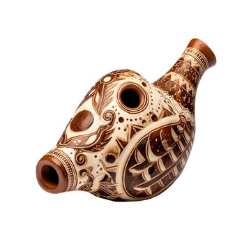 Ancient ceramic ocarina shaped like a bird with intricate carvings isolated on transparent background