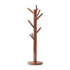 A wooden tree shaped coat rack with multiple branches for hanging clothes and accessories isolated on transparent background