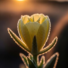 "Close-up macro shot of dew-covered desert flower at sunrise, warm golden light, sharp details, natural colors, shallow depth of field, bokeh background"
