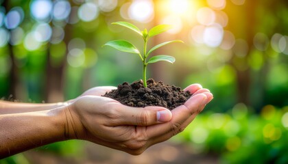 Hands cradle a small green seedling growing in dark soil with soft bokeh lights in the background
