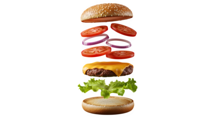 Delicious exploded burger with fresh ingredients isolated on transparent background